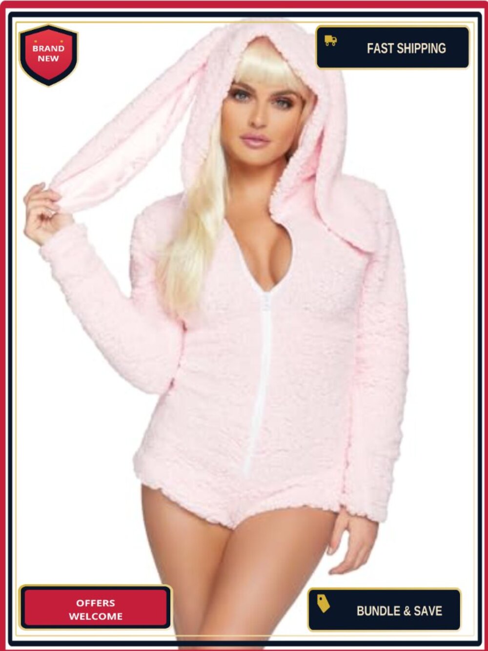 Cuddly Bunny Romper Costume Fleece Zip-Up Hood Tail Women